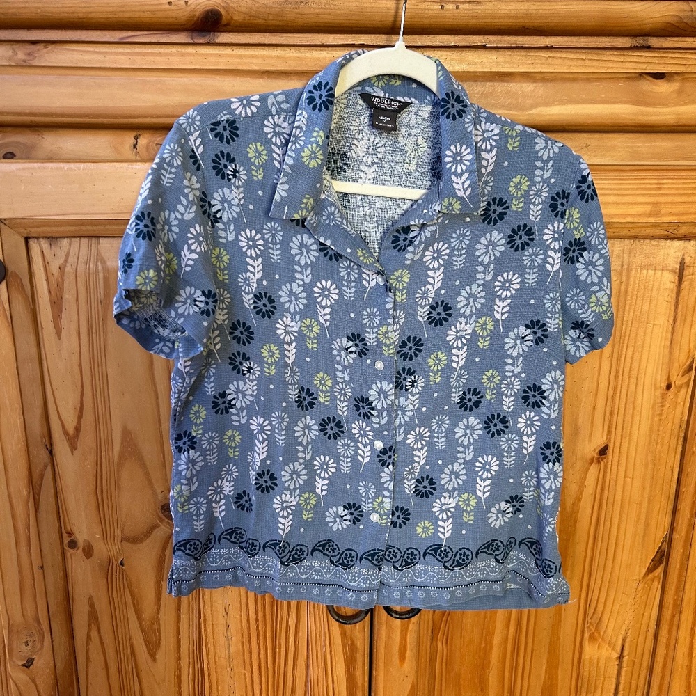 Woolrich‎ Blouse Button Up Silk/Cotton Short Sleeve Blue Floral Women's Medium